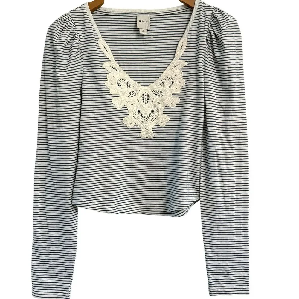 Anthropologie Maeve Striped Puff Sleeve Lace Top Size Small Nautical Coastal